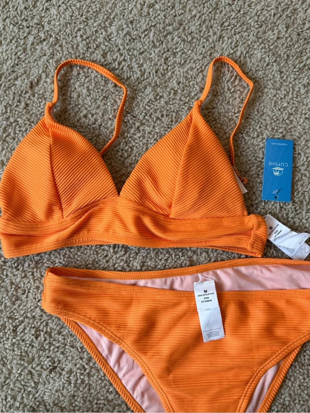 Cupshe Vibrant Orange Ribbed Bikini 2 piece set Size Medium Vacay Vibes